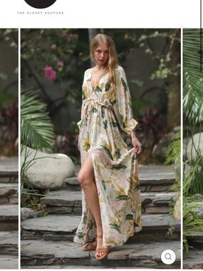 Aakaa Blush Pink Maxi Dress with Green and Yellow Leaf Print small